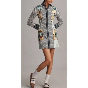 Maeve Anthropologie Buttondown Mini Dress Long Sleeve Pockets Sz 2 Floral Preppy